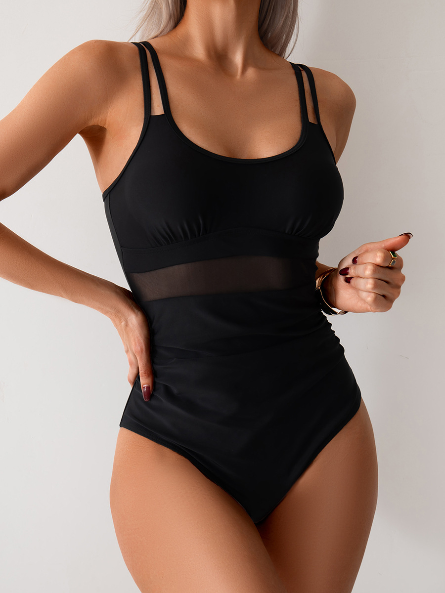 Women U Neck Double Strap One Piece Mesh Swimsuits Slimming Swimwear